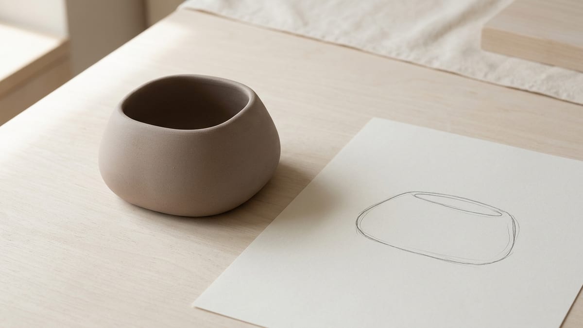 A product concept moving from sketch to manufactured object to online listing