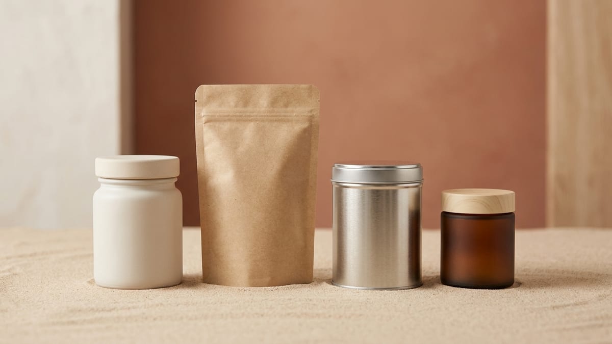 Four unlabeled supplement jars of different sizes arranged in a row for comparison