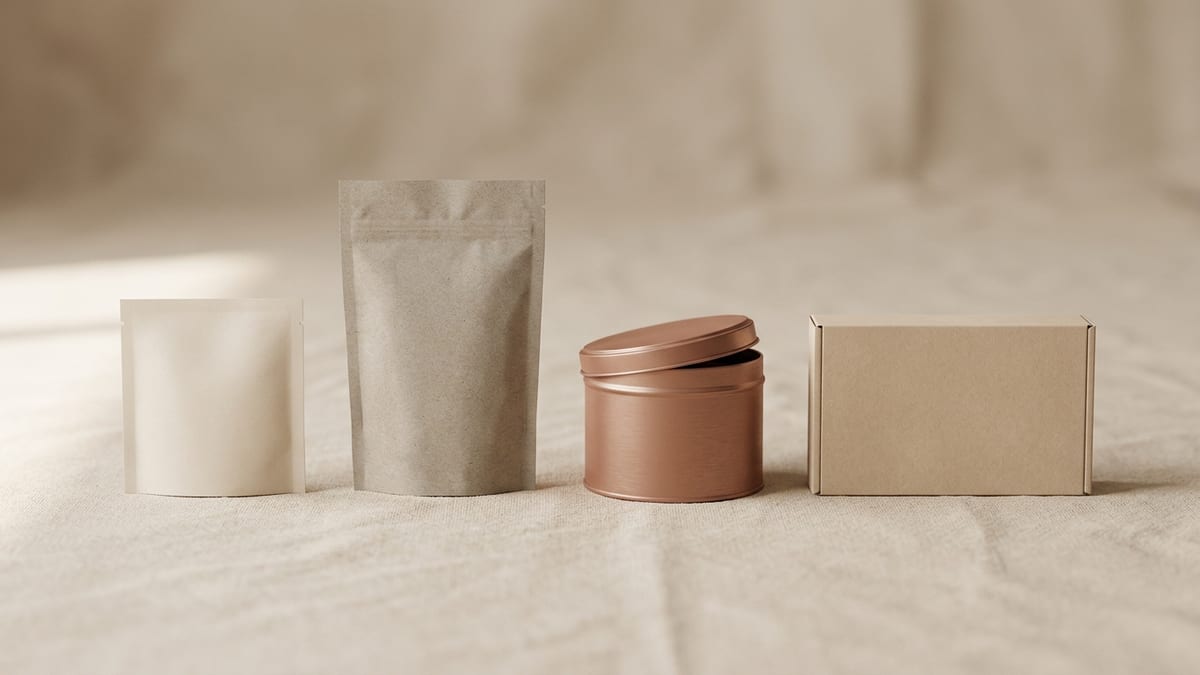 Unlabeled pet treat packages in several formats arranged in a row on a warm neutral surface