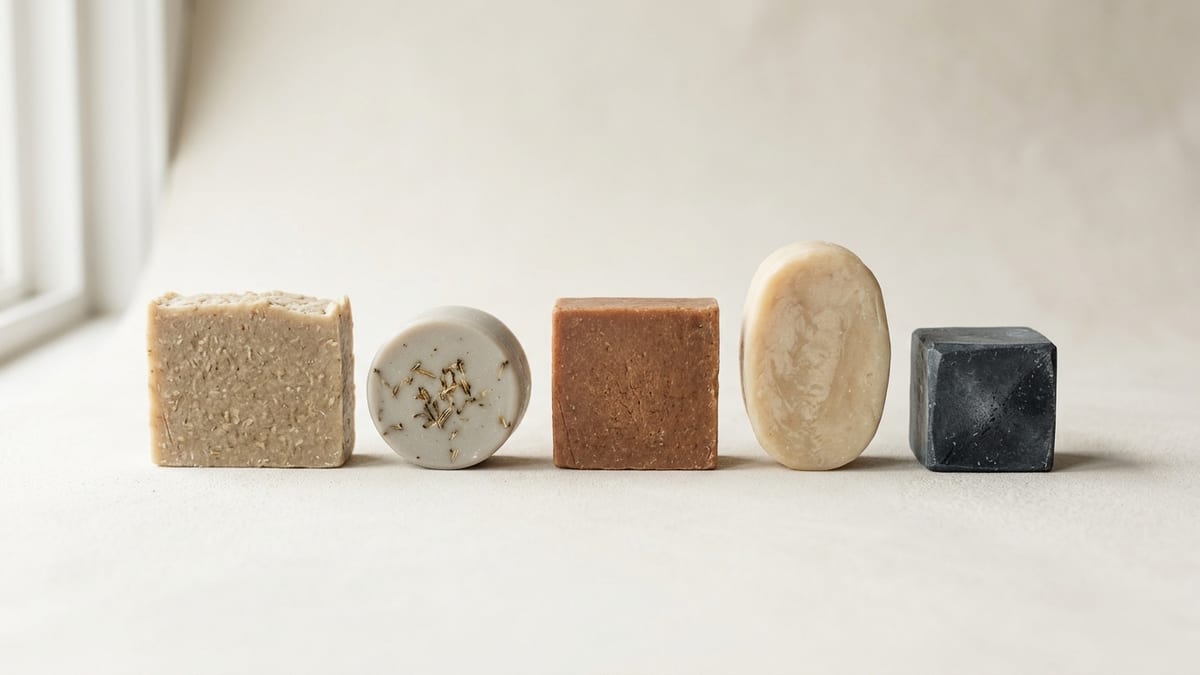 Unwrapped soap bars in several finishes laid out in a row for comparison