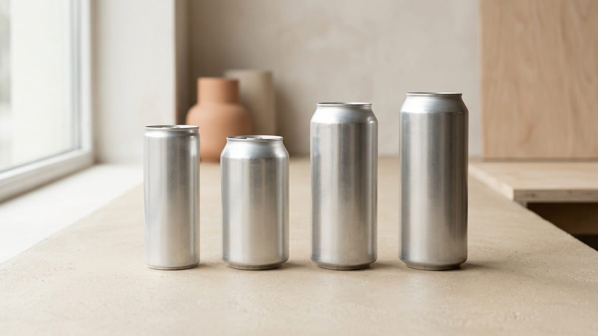 Four unlabeled aluminium cans of different sizes lined up in a row for comparison