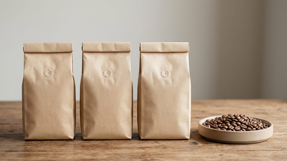 Plain kraft coffee bags with one-way valves standing beside a shallow dish of roasted beans