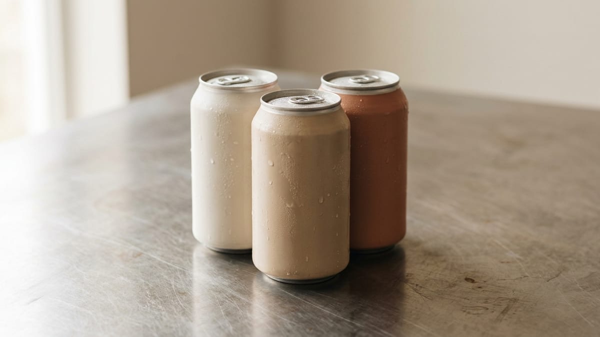 Branded beverage cans arranged on a production line surface