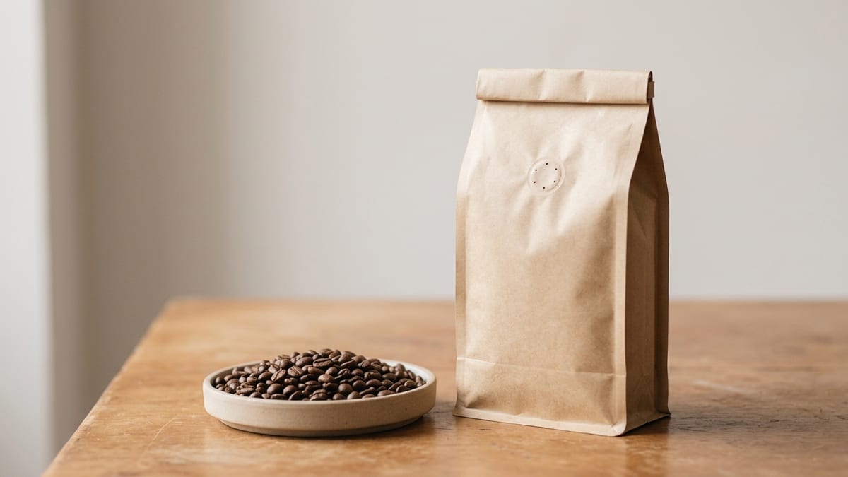 Branded coffee bags with roasted beans on a wooden counter