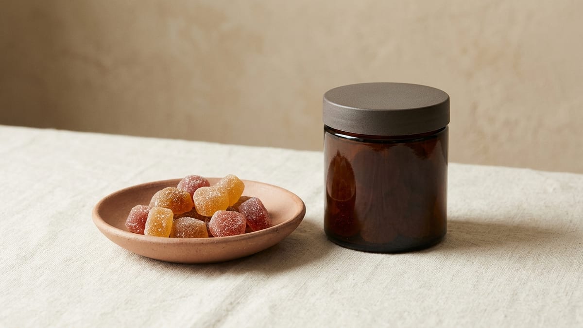 Unlabeled amber supplement jar beside a small dish of plain sugar-coated gummies