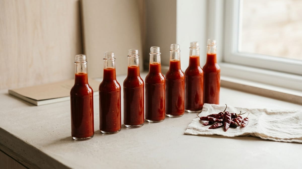 Bottles of hot sauce with custom labels arranged on a production surface