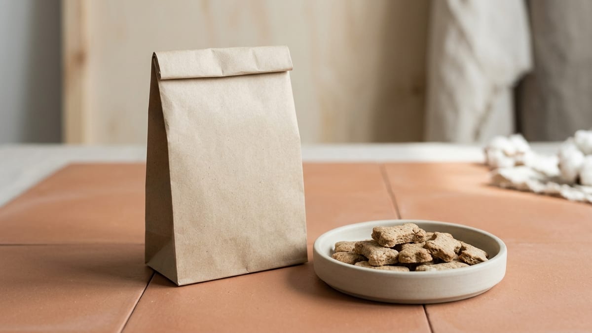 Plain unlabeled pet treat pouches beside a shallow dish of baked treats on a pale surface