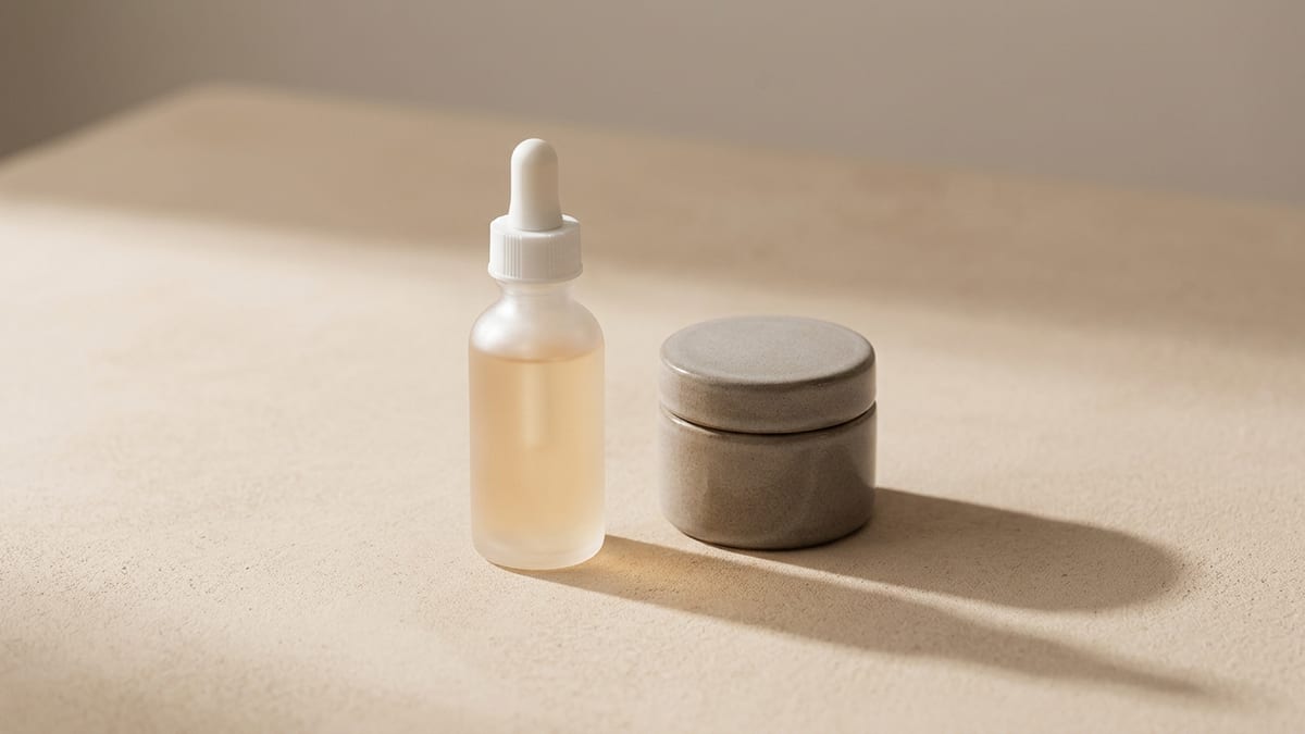 Skincare bottles and jars with custom branding on a studio surface