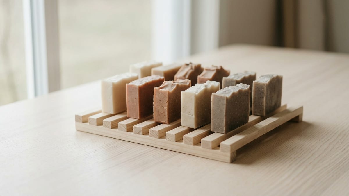 Unwrapped soap bars curing on a slatted wooden rack in soft daylight