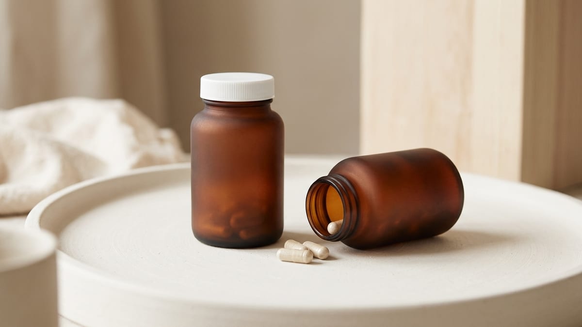 Supplement bottles with custom labels arranged on a clean studio surface