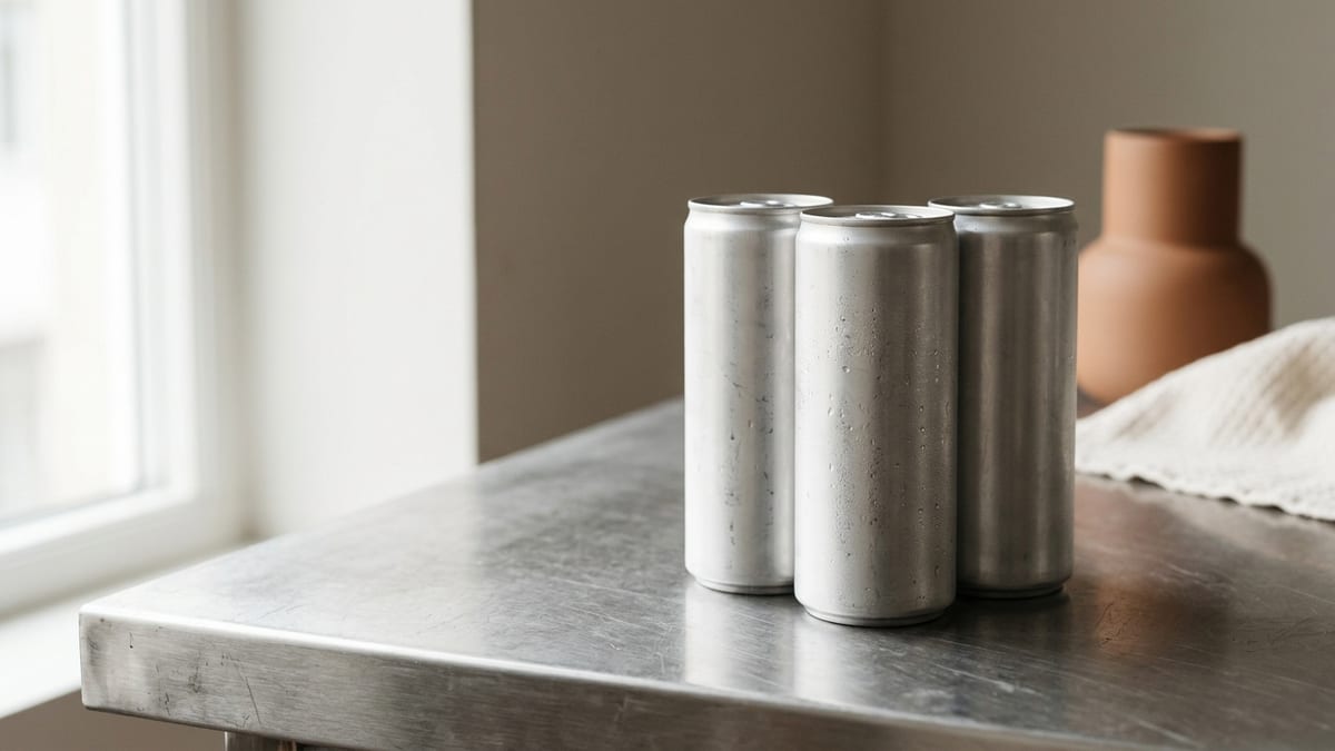 Three plain unlabeled slim aluminium cans standing on a brushed steel surface