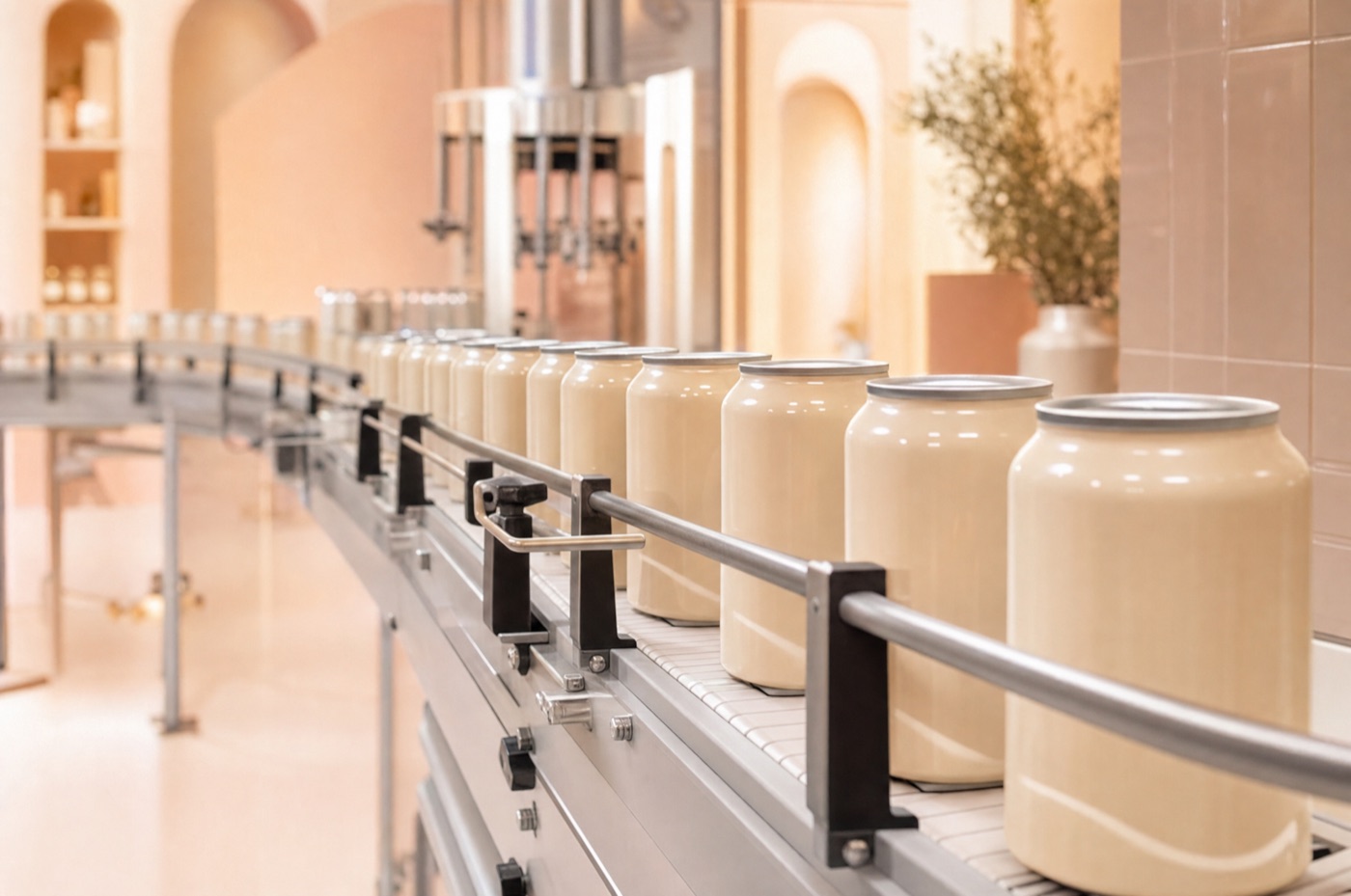 Packaged physical products moving through a production line